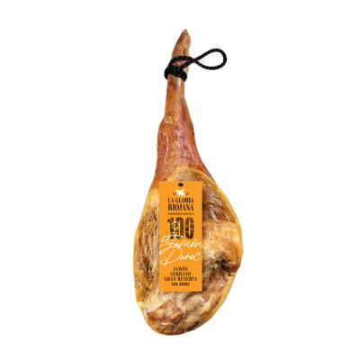 Vytintas kiaulienos kumpis SERRANO GRAN RESERVA 50 % DUROC, su kaulu, stovu ir peiliu