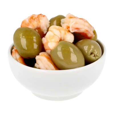 Krevetėmis įdarytos žaliosios alyvuogės