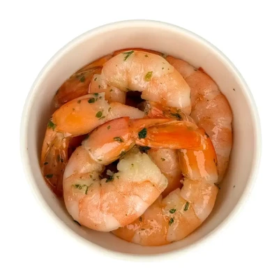 Karališkosios krevetės česnakiniame aliejuje, virtos