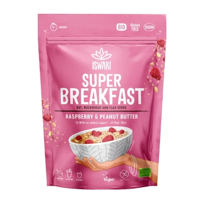 Greito paruošimo avižinė košė su avietėmis ir žemės riešutų kremu, be glitimo, ekologiška