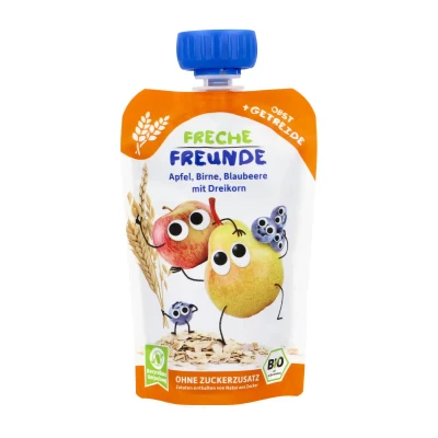 Obuolių, kriaušių, mėlynių ir trijų grūdų tyrelė, nuo 6 mėn., ekologiška