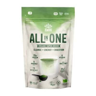 Žaliasis baltyminis kokteilis tropinių vaisių skonio ALL IN ONE, ekologiškas