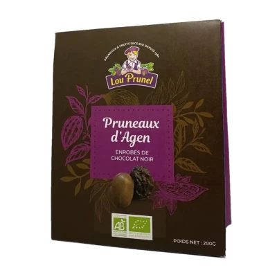 Džiovintos Agen slyvos juodajame šokolode, ekologiškos