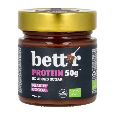Baltyminis žemės riešutų ir kakavos kremas BETT'R, su saldikliu, ekologiškas